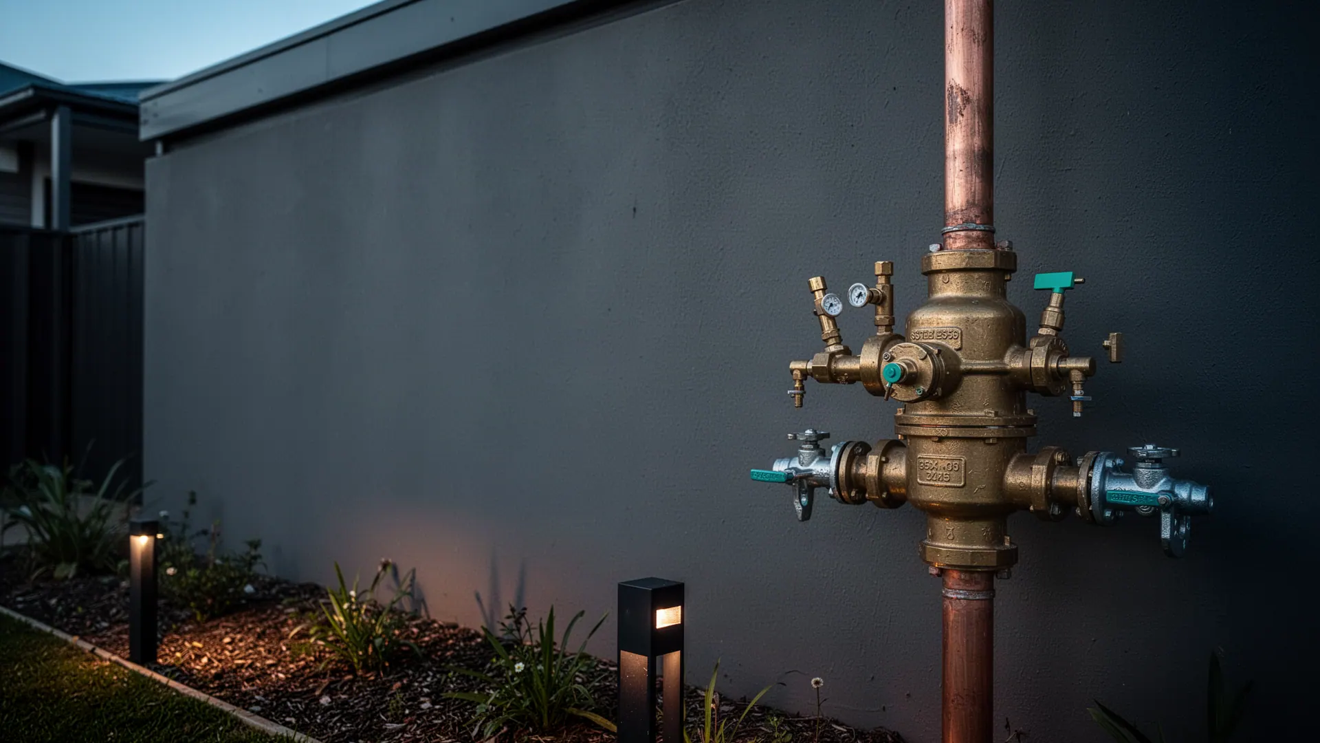 Brass testable backflow prevention device mounted on a copper riser beside a commercial building