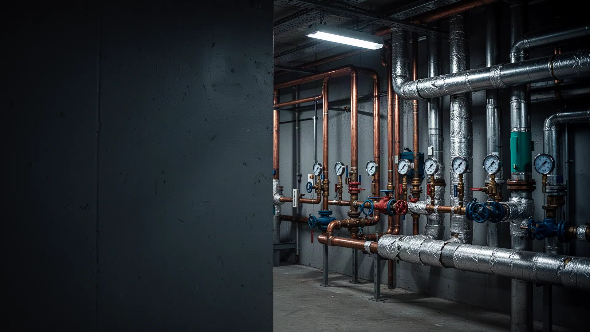 Commercial plant room with large runs of copper and lagged steel pipework, gauges and valves