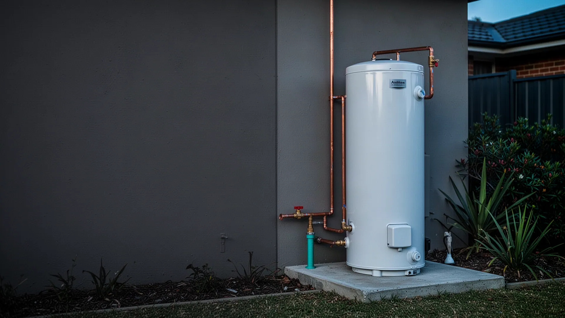New white electric storage hot water tank on a concrete pad against a rendered house wall
