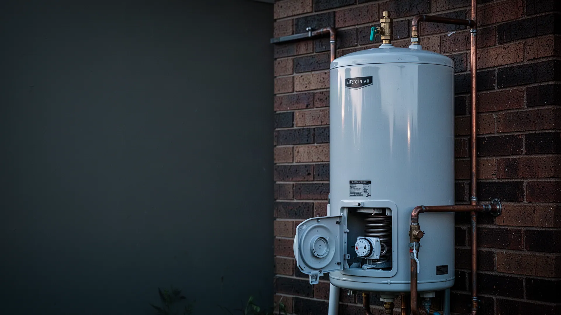 Electric hot water tank with its element access cover removed, showing the thermostat and element housing