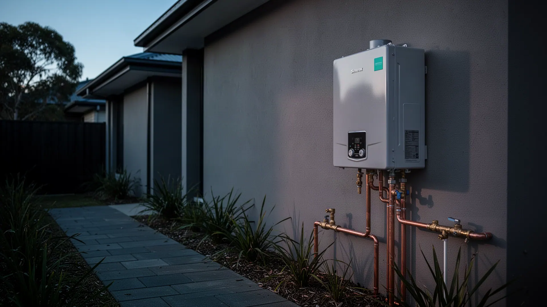 Wall-mounted continuous flow gas hot water unit with new copper and gas lines on a rendered house wall at dusk