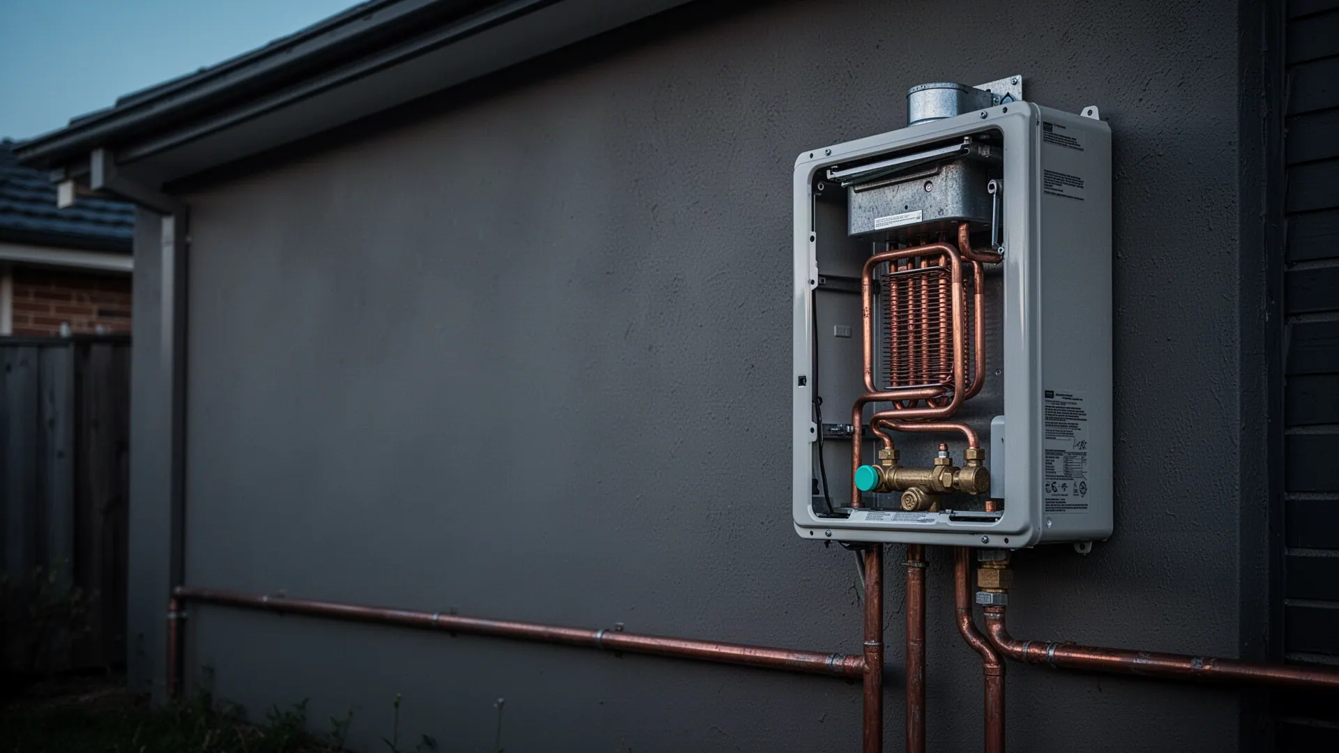 Gas hot water unit with its service cover removed, showing the heat exchanger and gas valve inside