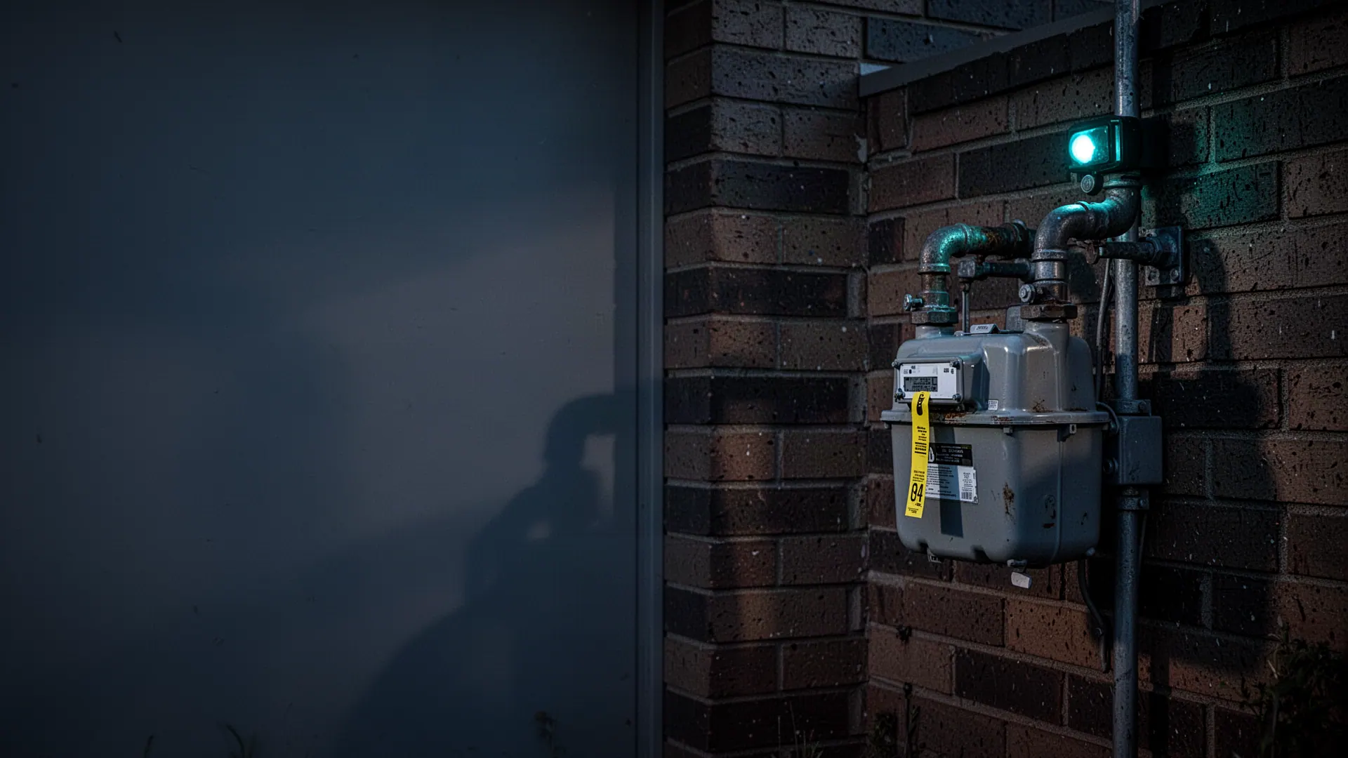 Residential gas meter and yellow-tagged gas line on the exterior wall of an Australian home at night