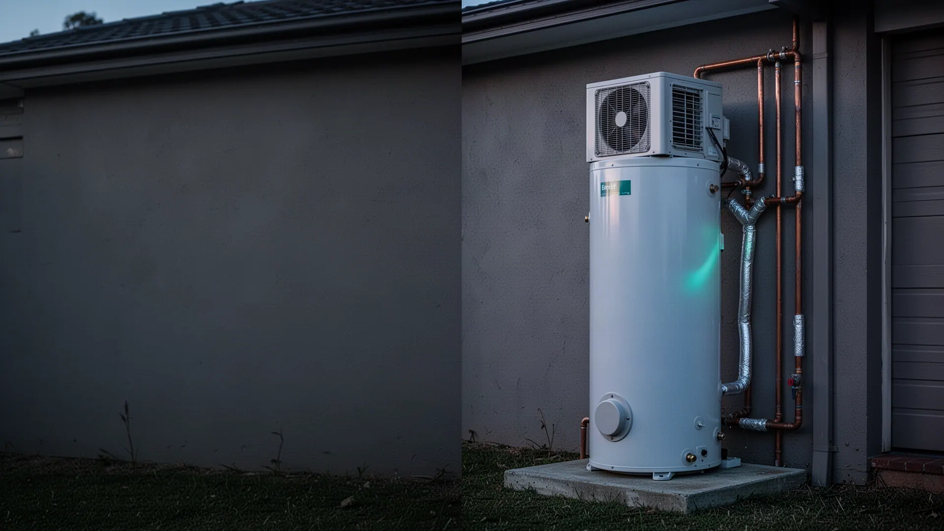 Heat pump hot water system with the fan unit on top of the storage cylinder, beside an Australian home