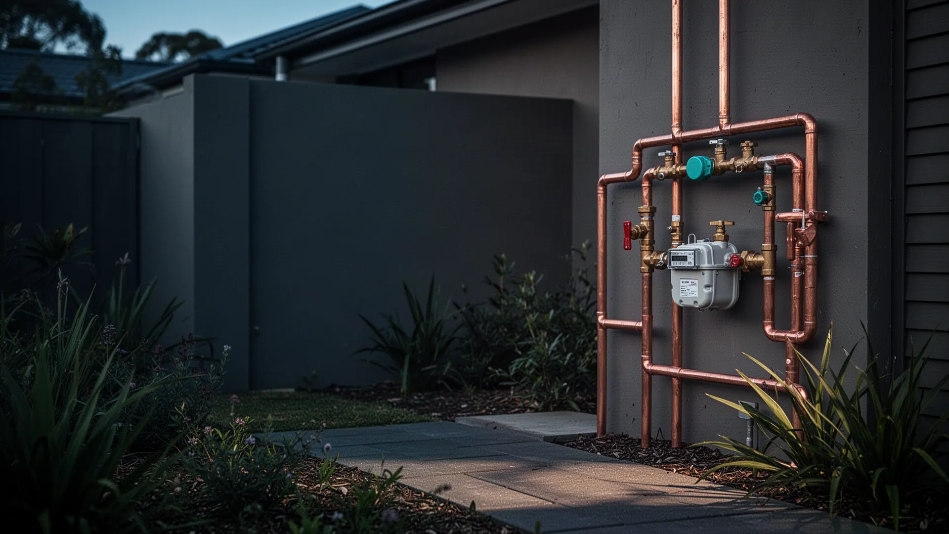 Neatly installed copper pipework, isolation valves and a water meter on the exterior wall of a home
