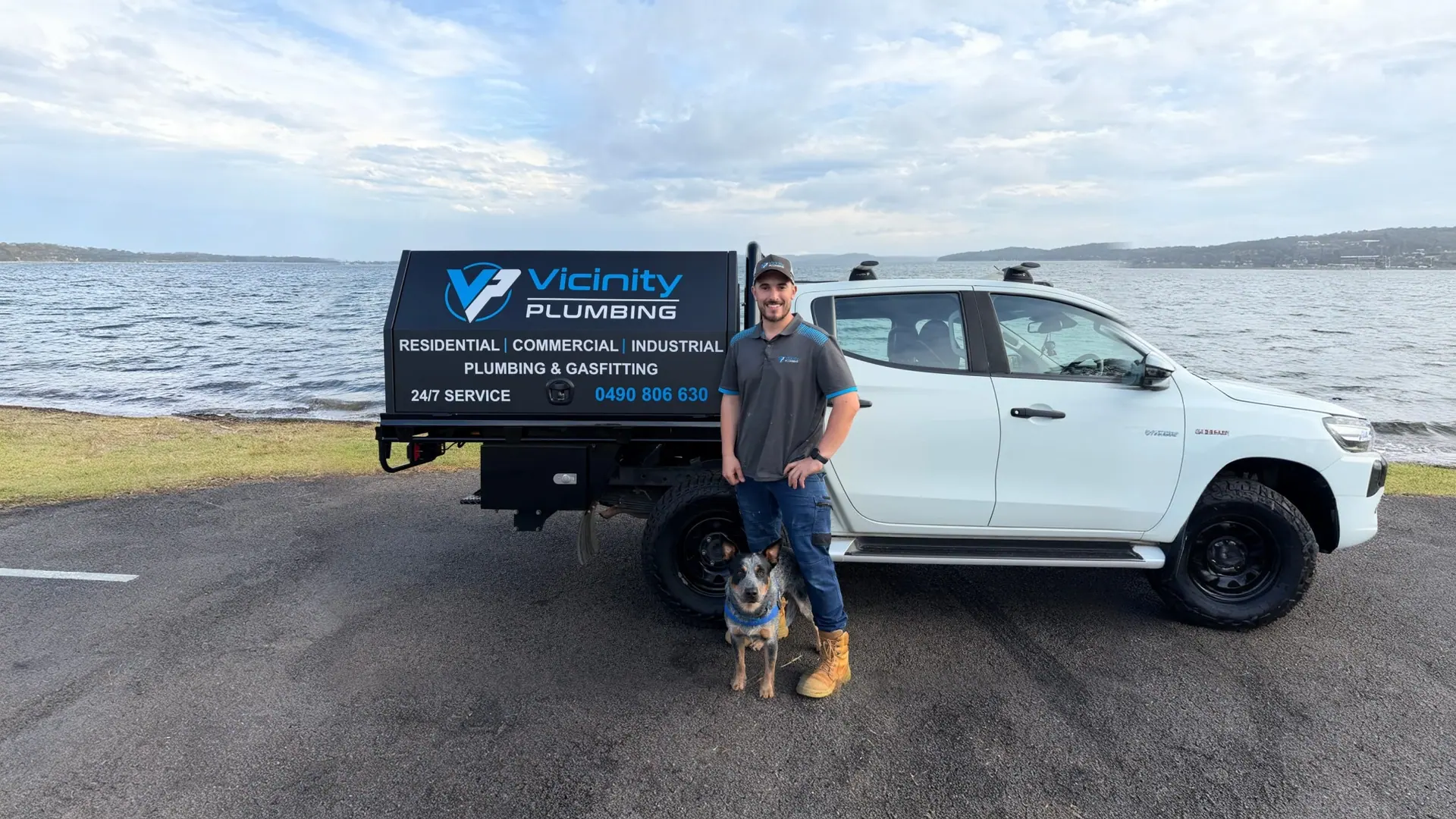 Jake from Vicinity Plumbing with his branded service ute at Carey Bay
