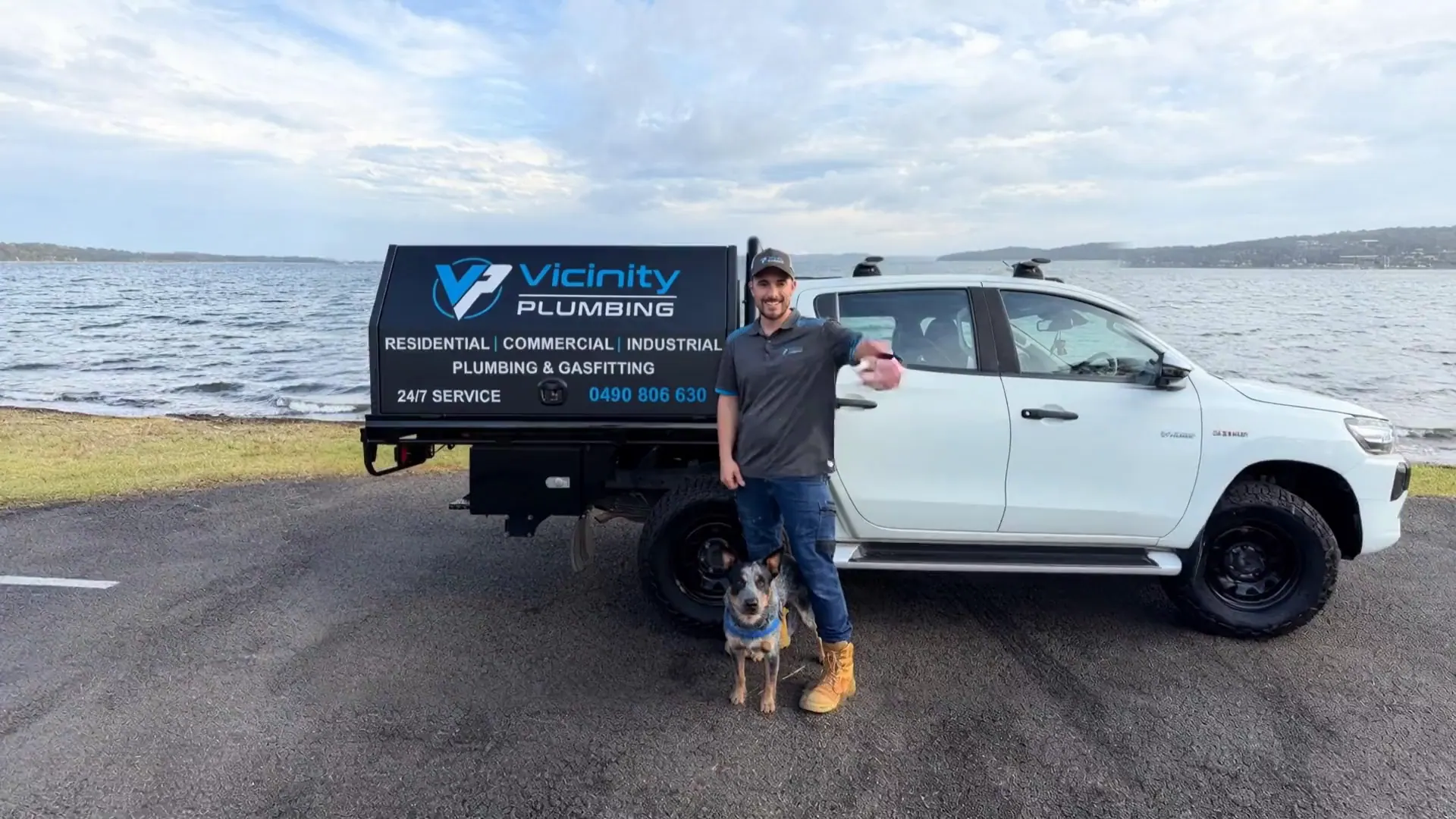 Jake from Vicinity Plumbing with his branded service ute at Carey Bay