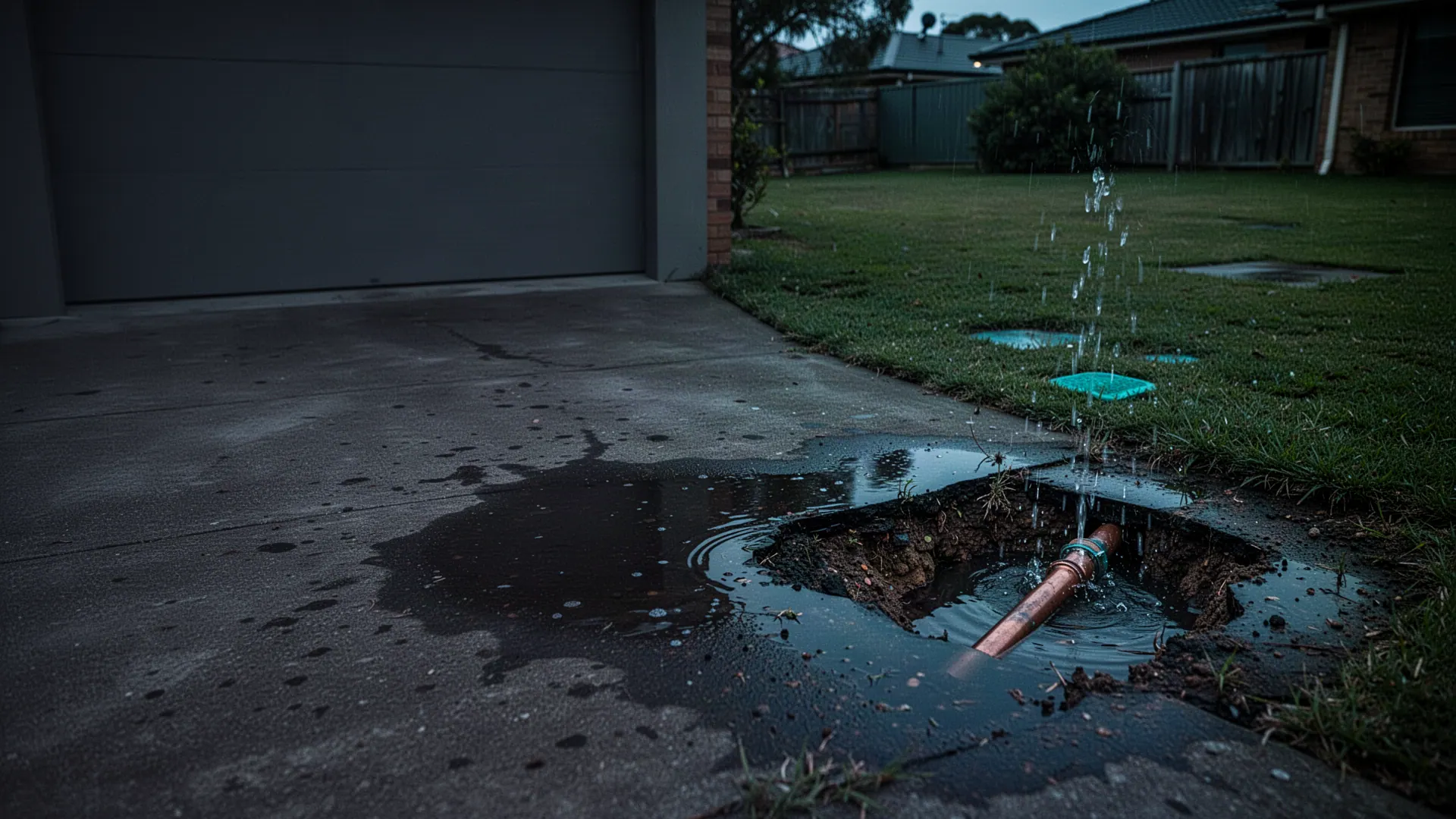 Wet patch spreading across a driveway and lawn where an underground water pipe is leaking